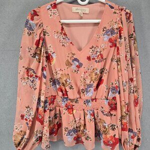 Philosophy Republic Clothing Peplum Top, Peach Floral, Balloon Sleeve, Medium